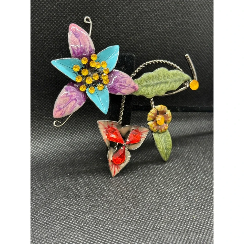 Vintage Style Enamel Flower Bouquet Brooch Rhinestone Floral Statement Pin